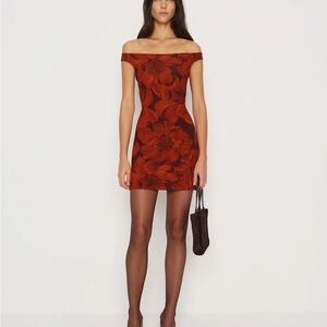 Reformation Lia knit Elegant Red Floral Off-Shoulder Dress